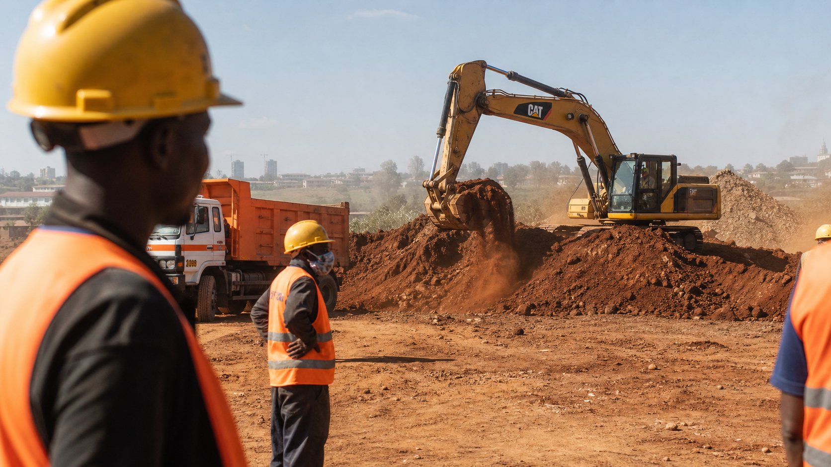 CAT excavator loading red soil on dusty Nairobi construction site with Kenyan crew in safety vests