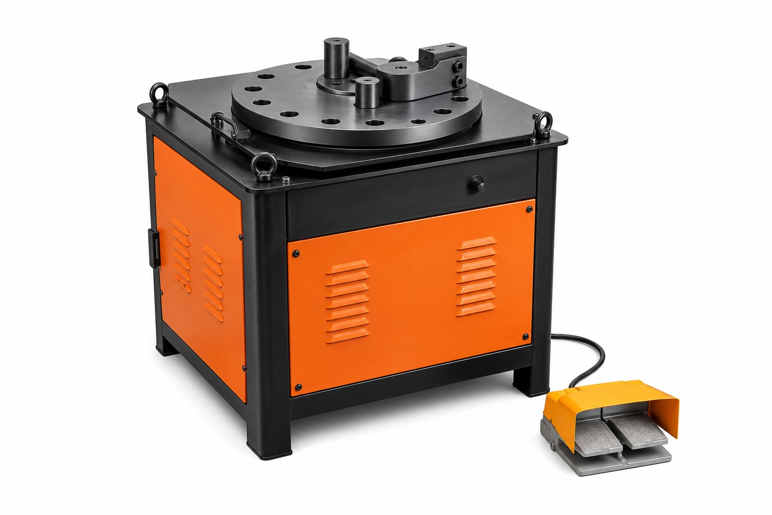 NLS Rebar Bender 16 mm — Electric bar bender that folds reinforcement up to 16 mm to any angle, with a foot pedal so both hands stay on the steel.