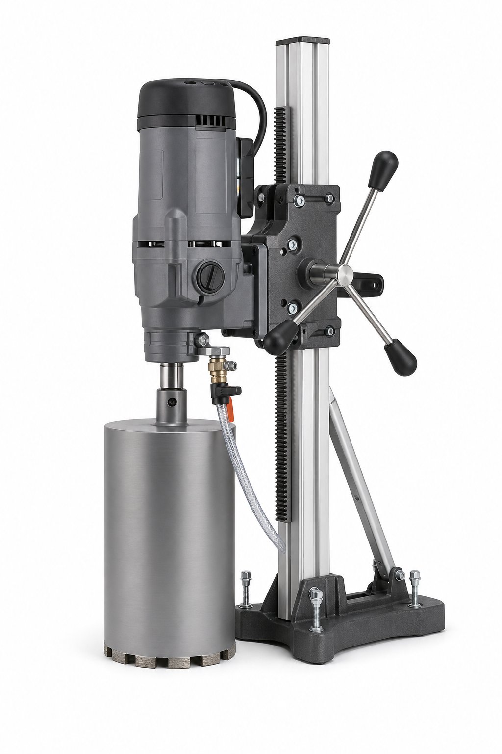 NLS Diamond Core Drill 200 mm — Core drill on a bolt-down stand with water feed and a 200 mm diamond bit.