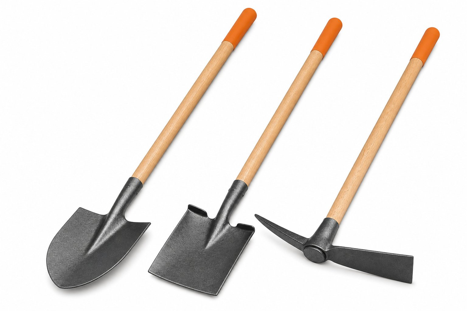 NLS Site Hand Tool Set (3-piece) — Forged round-point shovel, square-mouth shovel and pick mattock with hardwood handles.