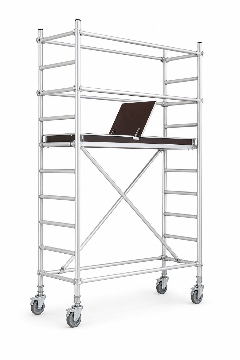 NLS Mobile Scaffold Tower 3.6 m — Aluminium mobile tower to 3.6 m platform height, with braces, trapdoor platform and lockable castors.