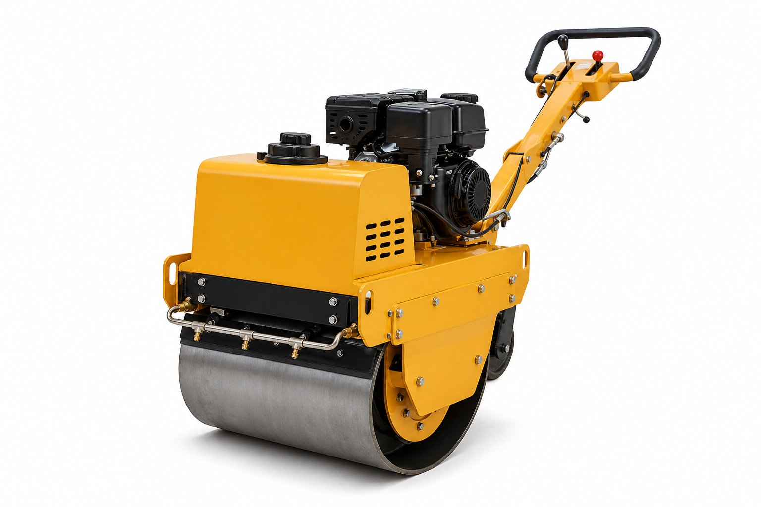 NLS Vibrating Roller 1 t — Walk-behind 1-tonne single-drum roller with water sprinkler bar.
