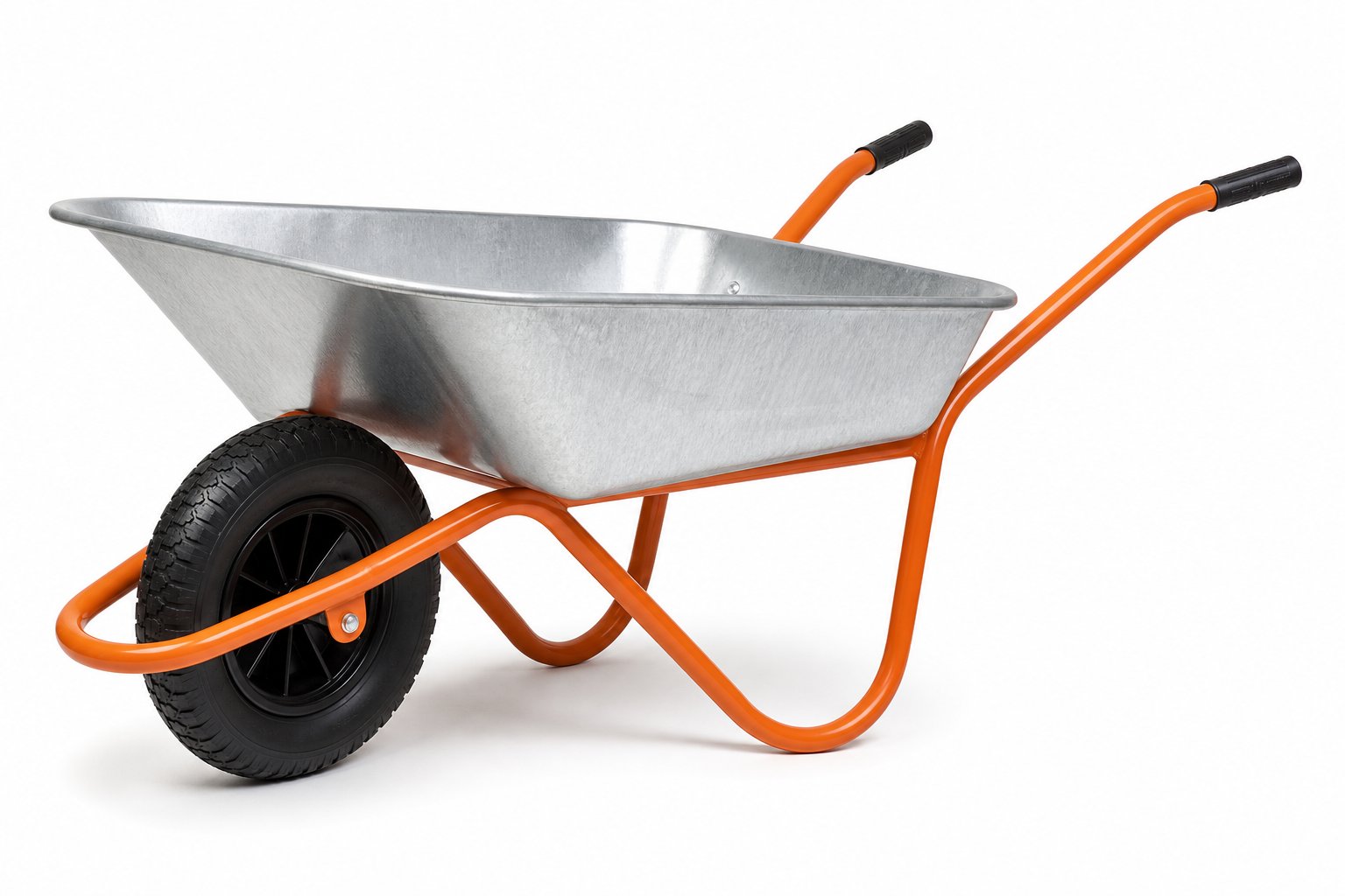 NLS Steel Wheelbarrow 65L — Galvanised 65-litre tray on a heavy-gauge tubular frame with a pneumatic wheel.